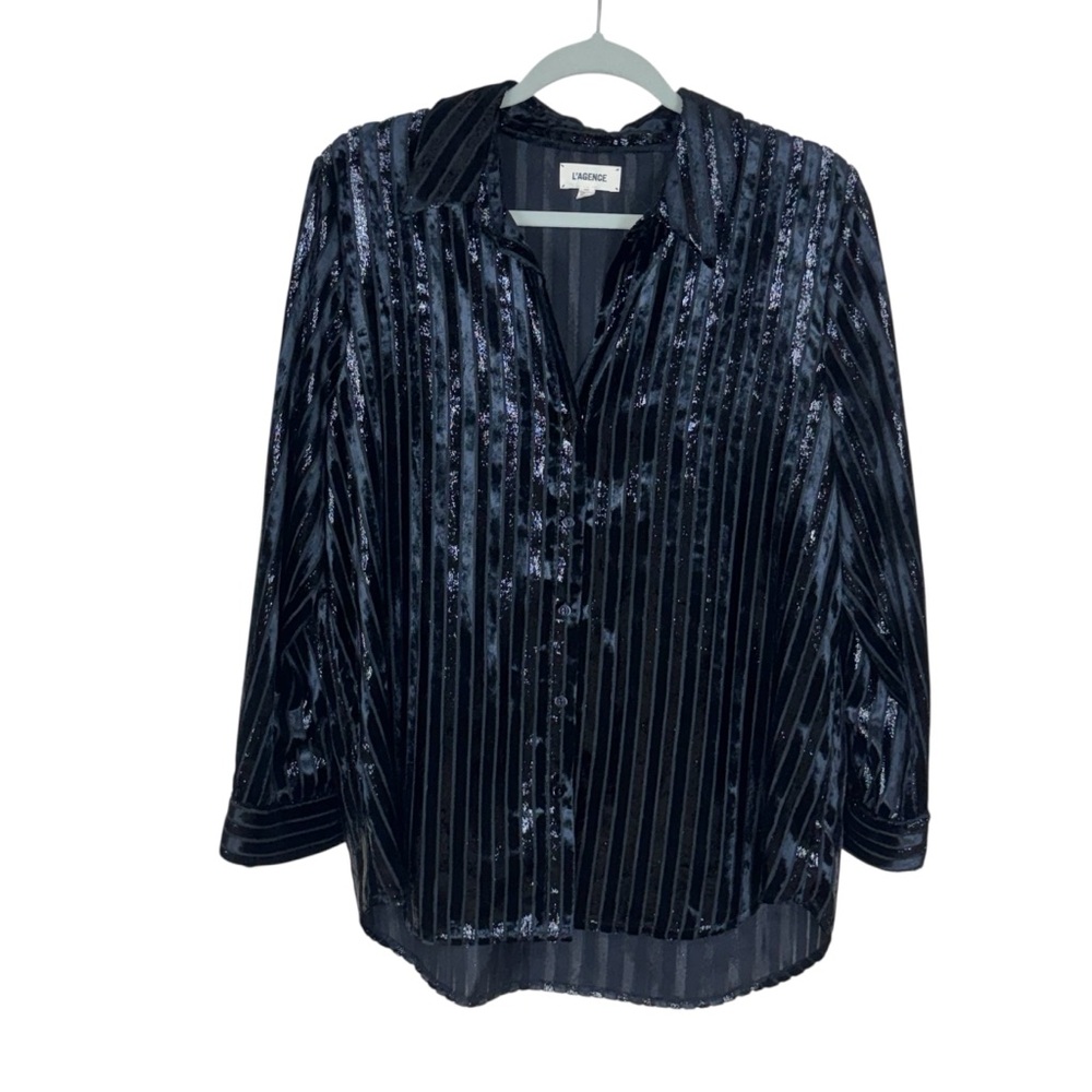 L'Agence Women's Metallic Striped Velvet Button Down Top Black Small